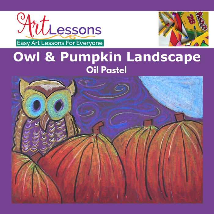 Art Lesson - Owl and Pumpkin Oil Pastel Landscape Drawing