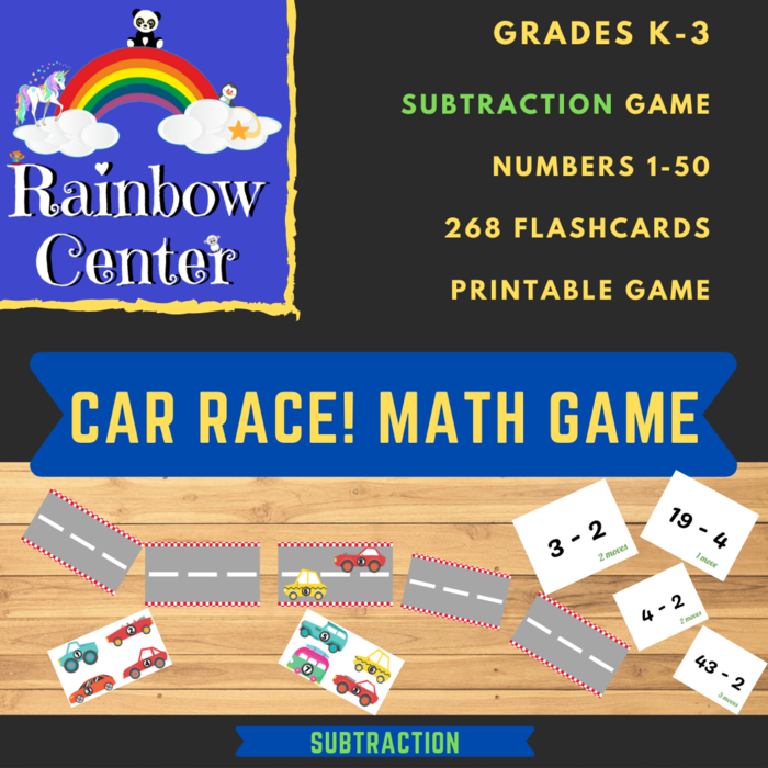 Car Race Math Game - Subtraction - Grades K-3 Using Number Combinations 1-50 - Printable Game Activity