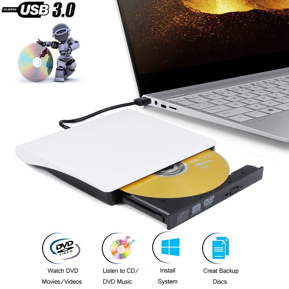 Sunvalley White USB 3.0 External DVD CD ROM Optical Drive, for Asus VivoBook 15 S15 F510UA F510QA S S14 Flip 14 L203MA Pro 17 S532 15.6 Inch Laptop, Portable Pop-Up DVD-RW CD-R Player, New in Box