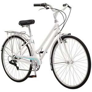 schwinn wayfarer adult hybrid bike, mens and womens, 17-inch/small steel step-through frame, 7-speed drivetrain, rear rack, 700c wheels, white