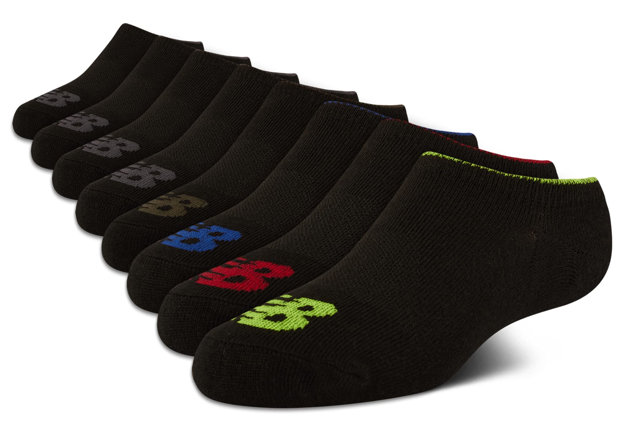 New Balance Boys' No Show Invisible Liner Socks (8 Pack), Size Medium, Black