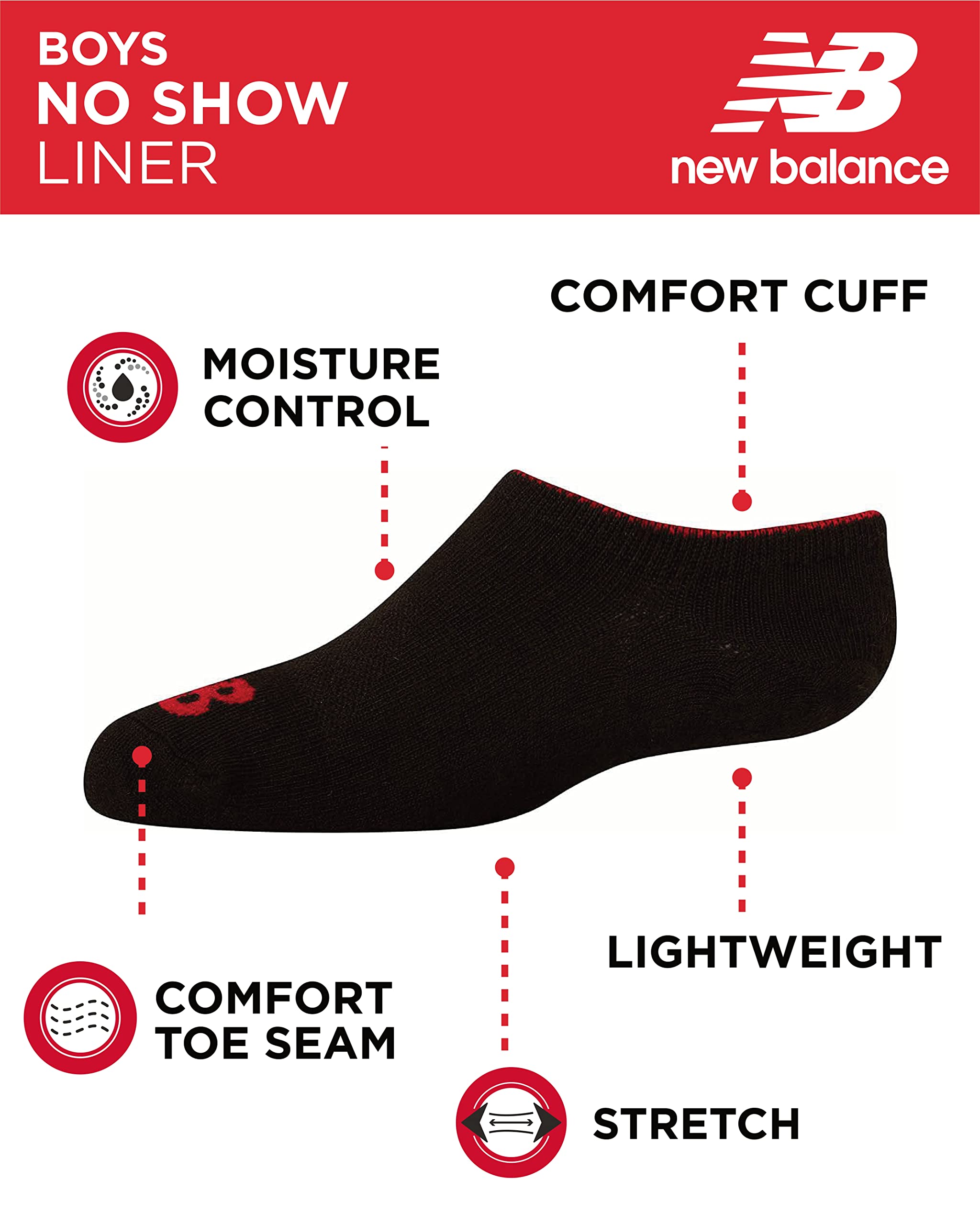 New Balance Boys' No Show Invisible Liner Socks (8 Pack), Size Medium, Black