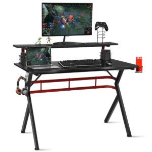 tangkula gaming desk, professional gamer workstation with cup holder, headphone hook, handle rack, ergonomic pc gaming table with monitor stand, e sports computer desk table for home, office (black)