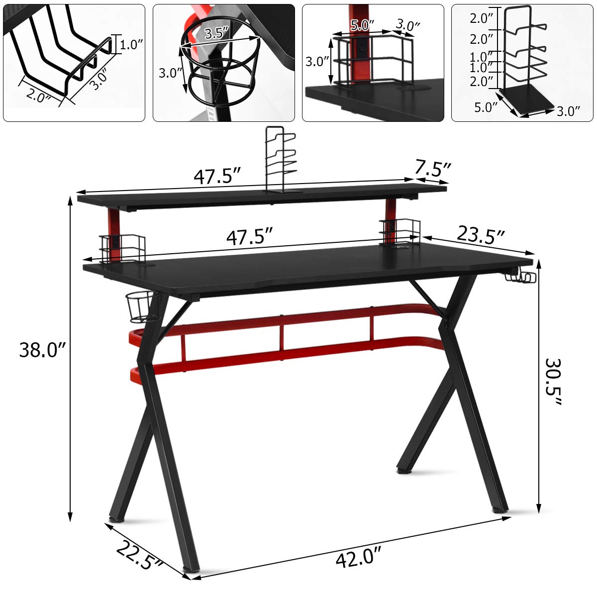 Tangkula Gaming Desk, Professional Gamer Workstation with Cup Holder, Headphone Hook, Handle Rack, Ergonomic PC Gaming Table with Monitor Stand, E Sports Computer Desk Table for Home, Office (Black)