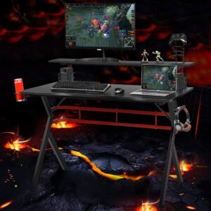 Tangkula Gaming Desk, Professional Gamer Workstation with Cup Holder, Headphone Hook, Handle Rack, Ergonomic PC Gaming Table with Monitor Stand, E Sports Computer Desk Table for Home, Office (Black)