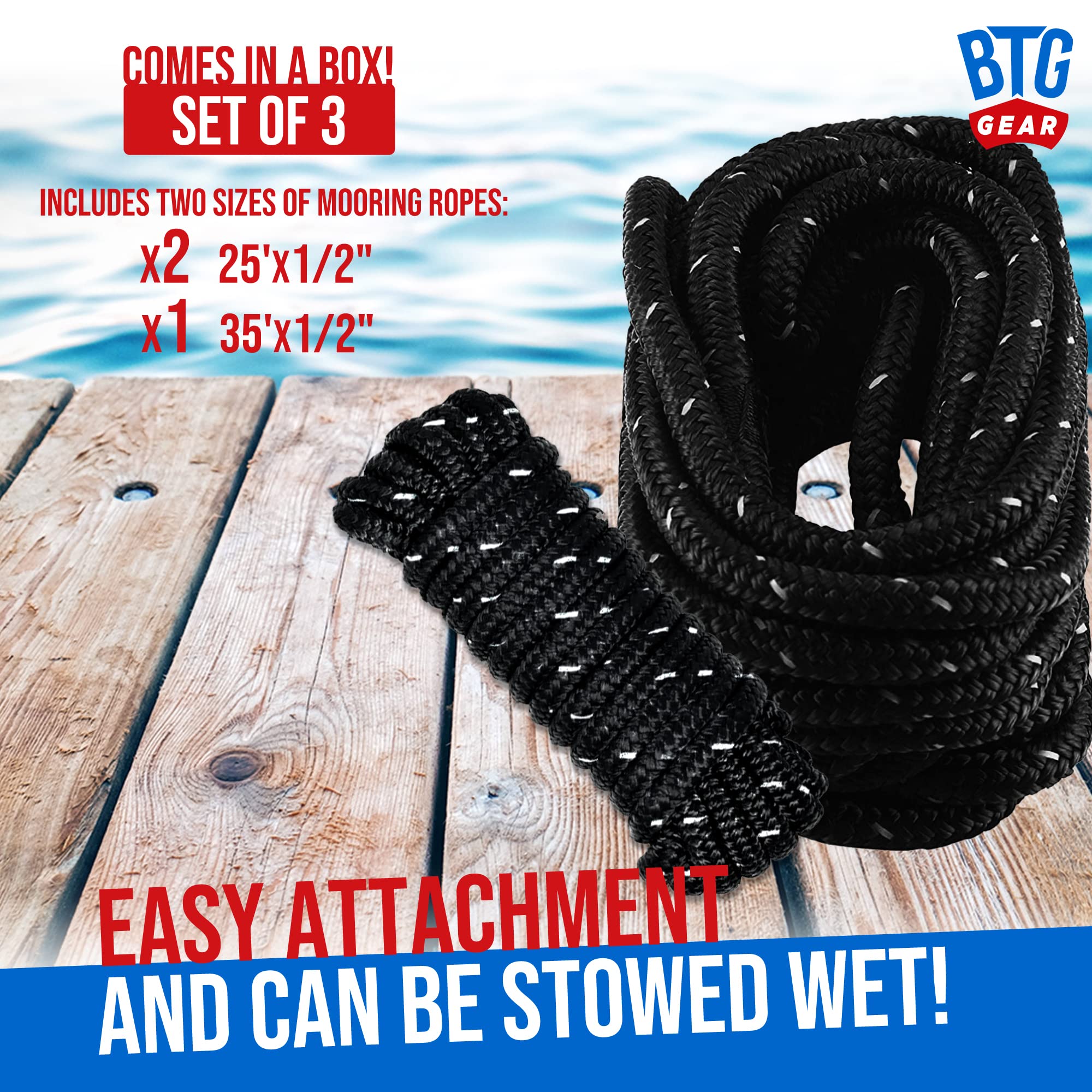 BTG Gear Heavy Duty 1/2" Marine Ropes Dock Line Reflective Boat Kit-Bow Lines for Boats up to 36'-Includes (Two 25'x1/2" Bow Lines, ONE 35'x1/2" Spring)-Double Braided Nylon Dock Kit (Rope with Loop)