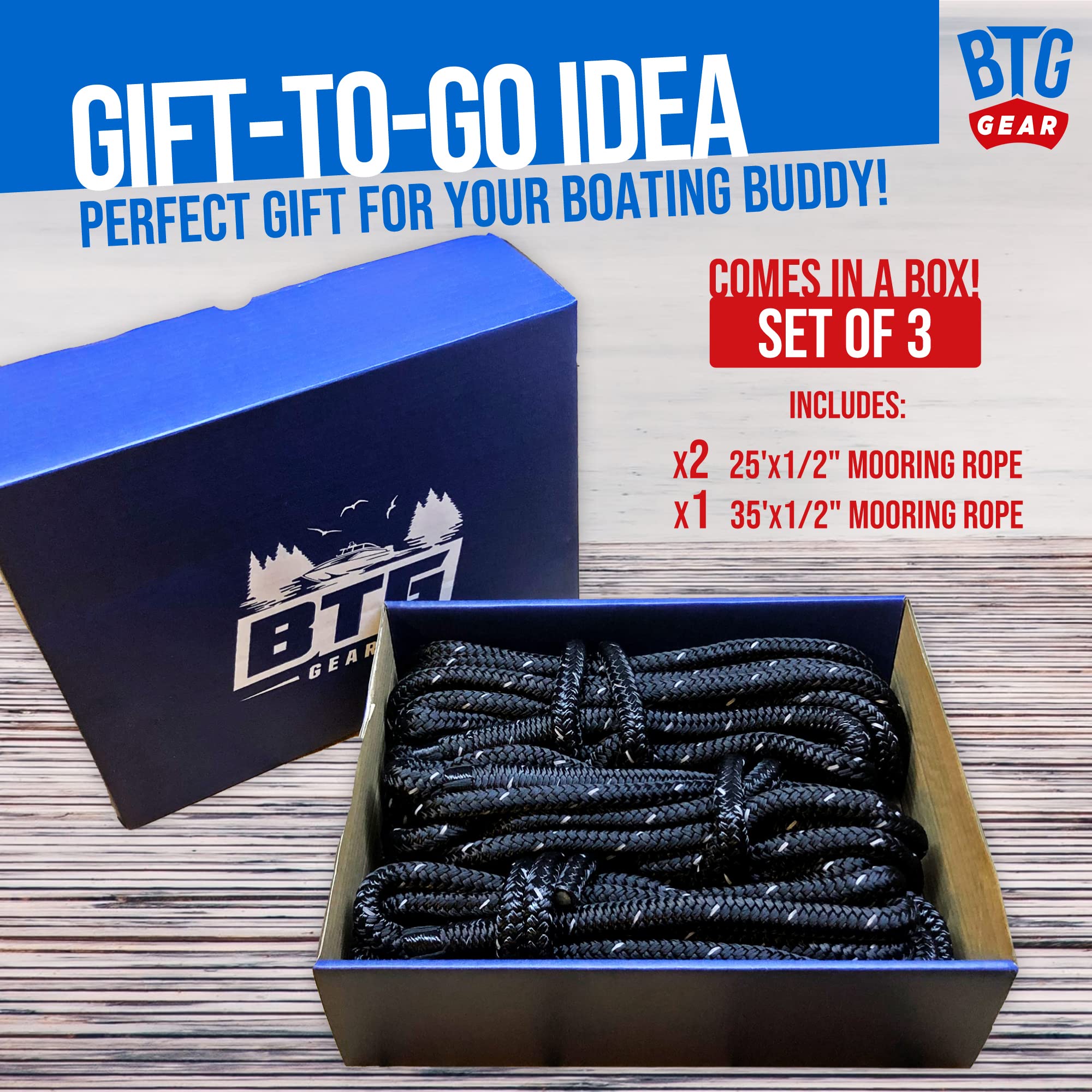 BTG Gear Heavy Duty 1/2" Marine Ropes Dock Line Reflective Boat Kit-Bow Lines for Boats up to 36'-Includes (Two 25'x1/2" Bow Lines, ONE 35'x1/2" Spring)-Double Braided Nylon Dock Kit (Rope with Loop)