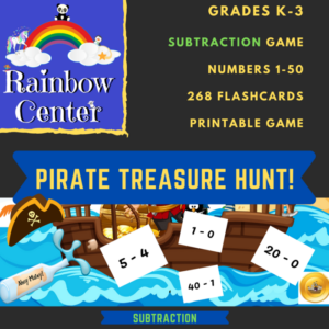 pirate treasure hunt math game - subtraction - grades k-3 using numbers 1-50 - printable game activity