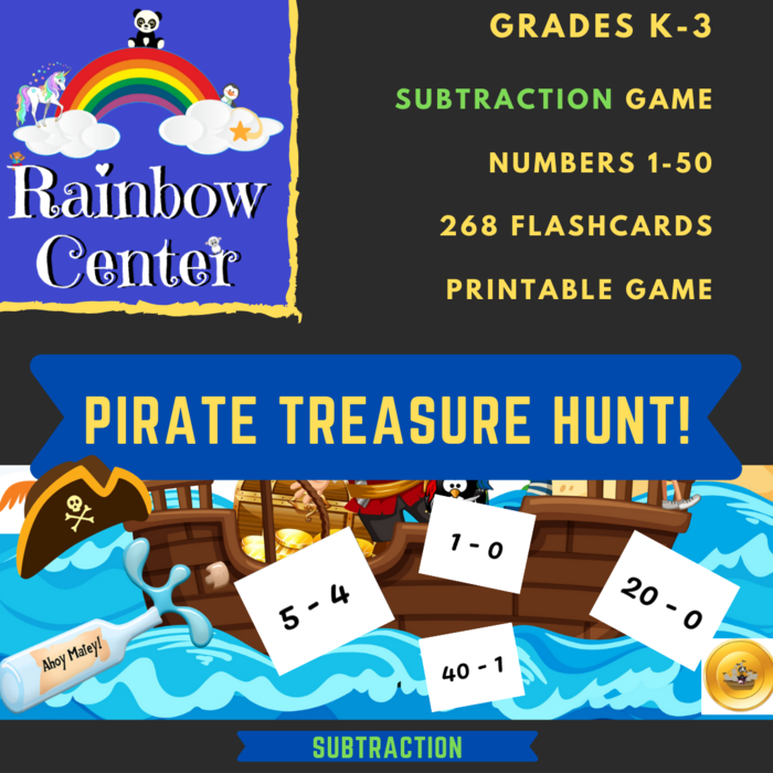 Pirate Treasure Hunt Math Game - Subtraction - Grades K-3 Using Numbers 1-50 - Printable Game Activity