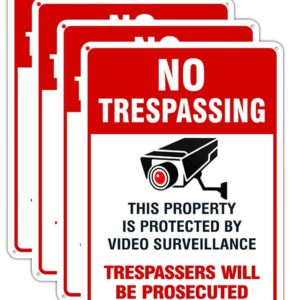 Large Video Surveillance Signs Outdoor,No Trespassing Sign Aluminum 10x14 Inch UV Ink Printed for House and Business (4-Pack)