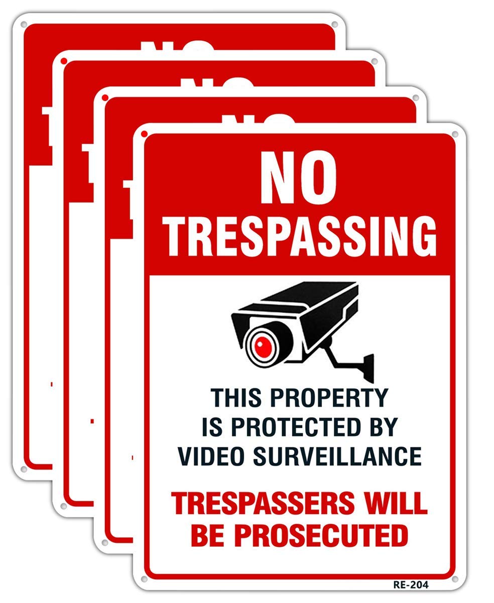 Large Video Surveillance Signs Outdoor,No Trespassing Sign Aluminum 10x14 Inch UV Ink Printed for House and Business (4-Pack)