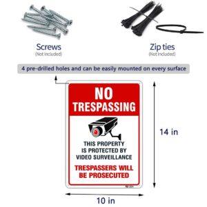 Large Video Surveillance Signs Outdoor,No Trespassing Sign Aluminum 10x14 Inch UV Ink Printed for House and Business (4-Pack)