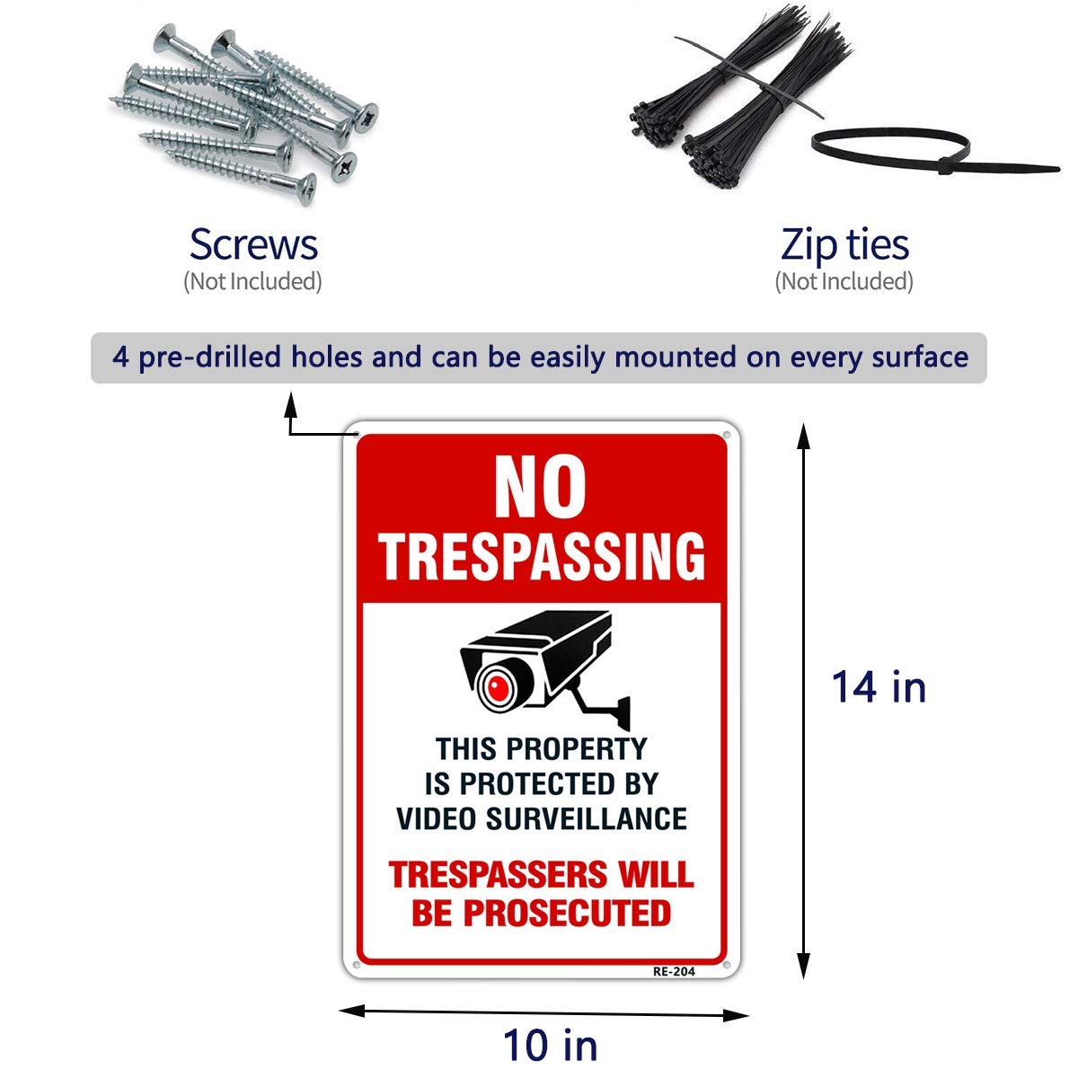 Large Video Surveillance Signs Outdoor,No Trespassing Sign Aluminum 10x14 Inch UV Ink Printed for House and Business (4-Pack)