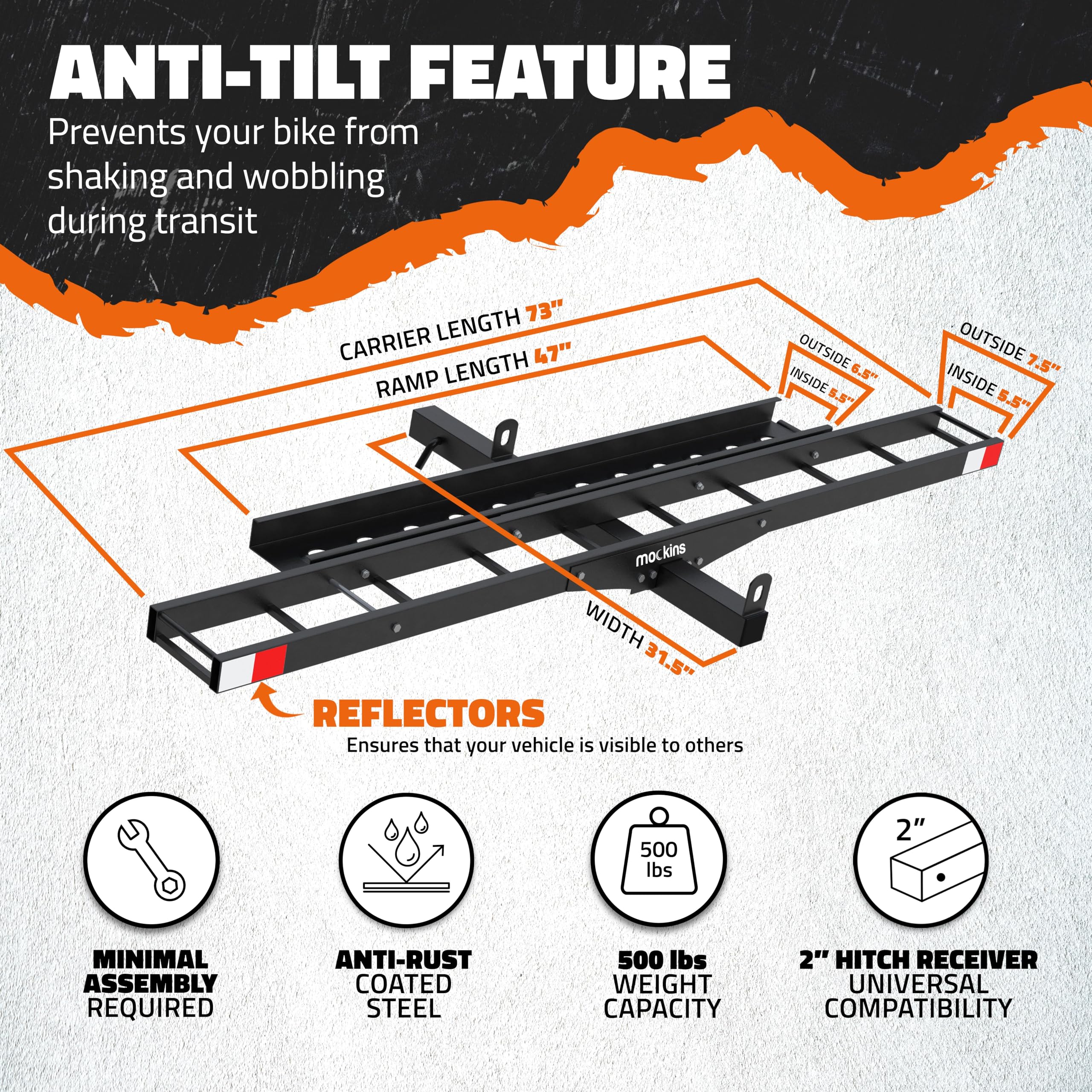 Mockins 500 lb Capacity Anti Tilt Motorcycle Hitch Carrier Set | 73" Dirt Bike Hitch Hauler | Heavy Duty Steel Motorcycle Rack for Hitch | Dirt Bike Hitch Carrier & Ramp, Straps, Stabilizer