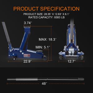 TCE ATZ830023U Torin Hydraulic Heavy Duty Steel Service/Floor Jack with Dual Piston Quick Lift Pump, 3 Ton (6,000 lb) Capacity, Blue