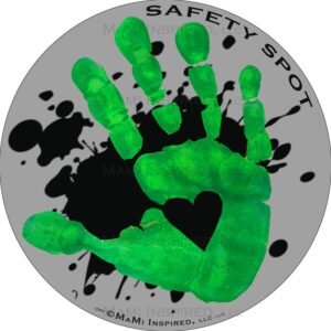 safety spot magnet - kids handprint for car parking lot safety - gray background with splat (green)