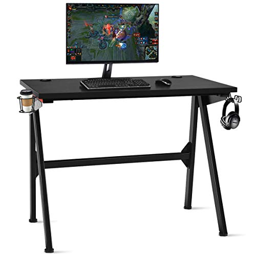 Tangkula Computer Desk Gaming Desk, E Sports Gamer Table, Professional Gamer Workstation with Cup Holder, Headphone Hook, Ergonomic PC Gaming Table, Writing Desk for Home Office (Black)