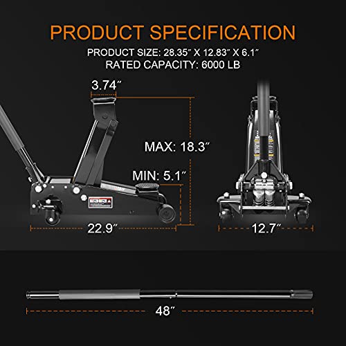 Torin ATZ830023B Hydraulic Heavy Duty Steel Service/Floor Jack with Dual Piston Quick Lift Pump, 3 Ton (6,000 lb) Capacity, Black