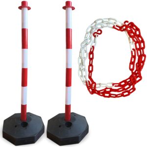 2 traffic delineator poles | plus chain included | better than cones | perfect parking post, construction lot, road marker or street stanchion | portable & fillable base | large safety caution barrier
