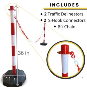 2 Traffic Delineator Poles | Plus Chain Included | Better Than Cones | Perfect Parking Post, Construction Lot, Road Marker or Street Stanchion | Portable & Fillable Base | Large Safety Caution Barrier