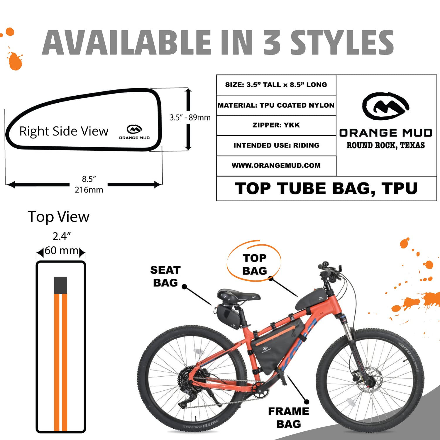 Orange Mud Bicycle Top Tube Bag, Welded, TPU, Black