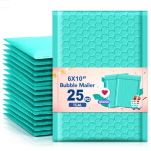 gssusa bubble mailers 6x10 padded envelopes 25 pack small bubble mailer shipping bag bulk pack self seal bubble envelope for mailing, packing business supplies, teal 25-pack