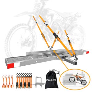 mockins 500 lbs capacity anti tilt hitch-mount motorcycle carrier with ramp | heavy duty steel dirt bike hitch hauler | 73 in. motorcycle hitch carrier | dirt bike trailer for truck, suv, car