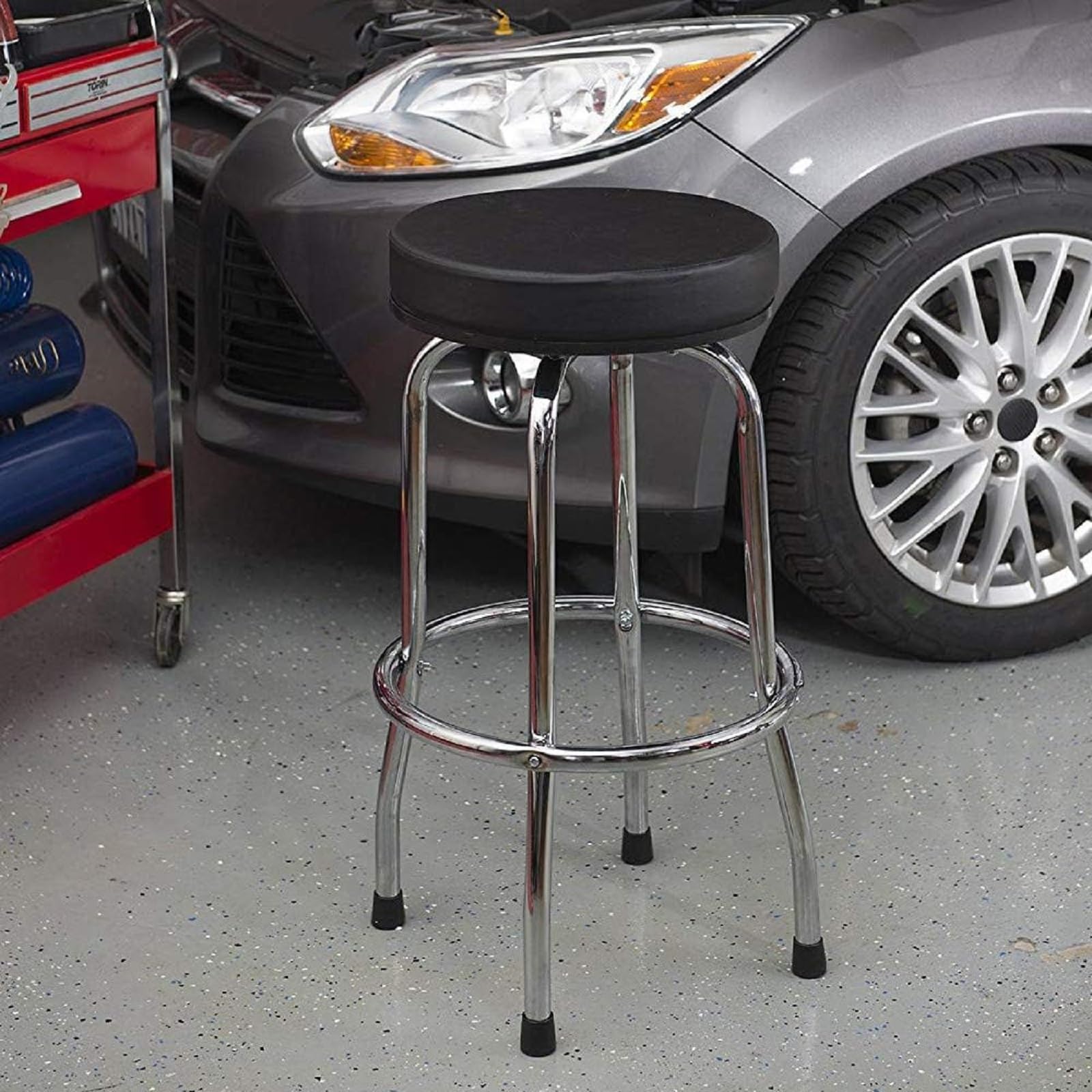 Torin ATRP6185B Swivel Bar Stool: Padded Garage/Shop Seat with Chrome Plated Legs, Black