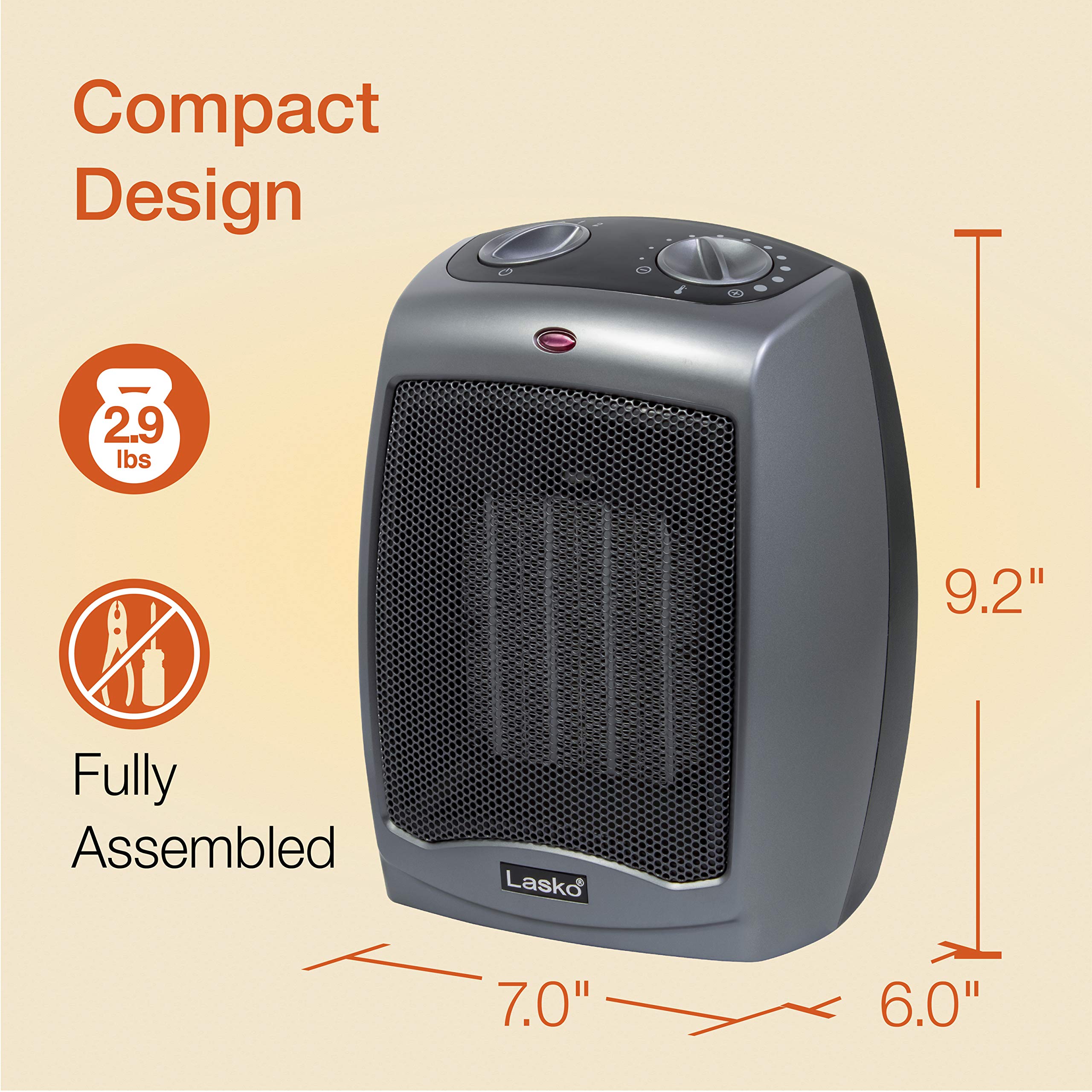 Lasko 754201 Small Portable 1500W Electric Ceramic Space Heater with Tip-Over Safety Switch, Overheat Protection, Thermostat and Extra Long 8-ft Cord for Indoor Ho, 9.2 x 7 x 6 inches, Gray