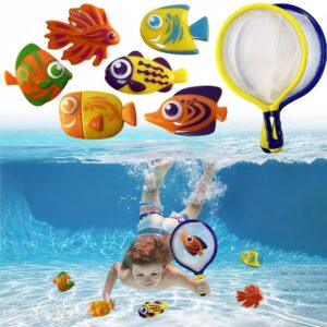 artcreativity fishing net catch game, set of 2, each set with 1 fishing net and 6 colorful fish toys, pool toys for kids, bathtub toys for boys and girls, summer toys and great gift for children