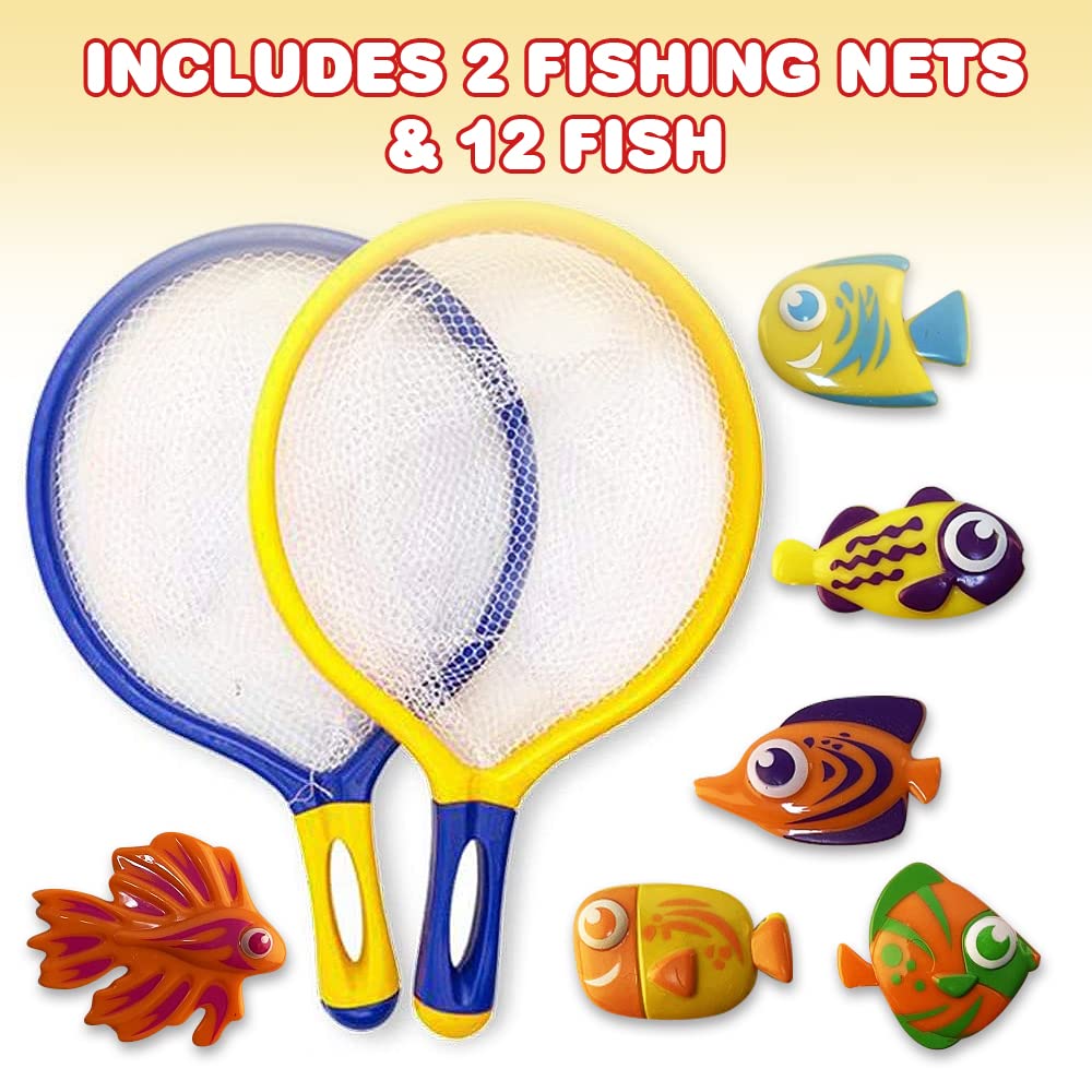 ArtCreativity Fishing Net Catch Game, Set of 2, Each Set with 1 Fishing Net and 6 Colorful Fish Toys, Pool Toys for Kids, Bathtub Toys for Boys and Girls, Summer Toys and Great Gift for Children