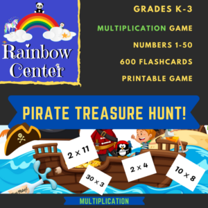 pirate treasure hunt math game - multiplication - grades k-3 using number combinations 1-50 - printable game activity