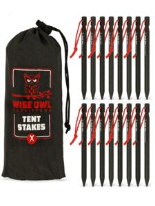 wise owl outfitters tent stakes - heavy duty camping stakes for outdoor tent & tarp - essential camping accessories, available in 12pk or 16pk black