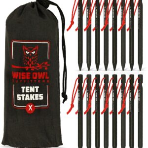 Wise Owl Outfitters Tent Stakes - Heavy Duty Camping Stakes for Outdoor Tent & Tarp - Essential Camping Accessories, Available in 12pk or 16pk Black