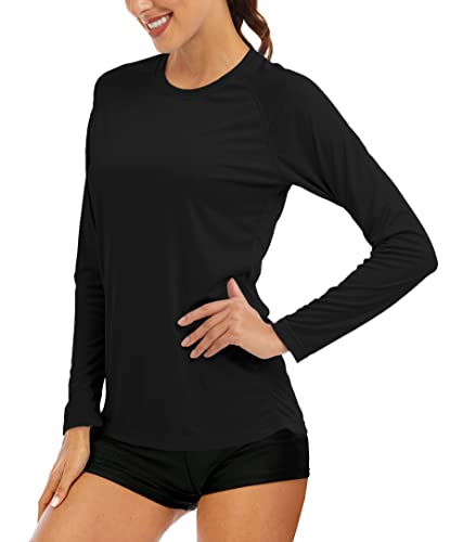 MAGCOMSEN Women's UPF 50+ SPF Long Sleeve Swim Shirt, Fishing & Hiking Rash Guard - Black