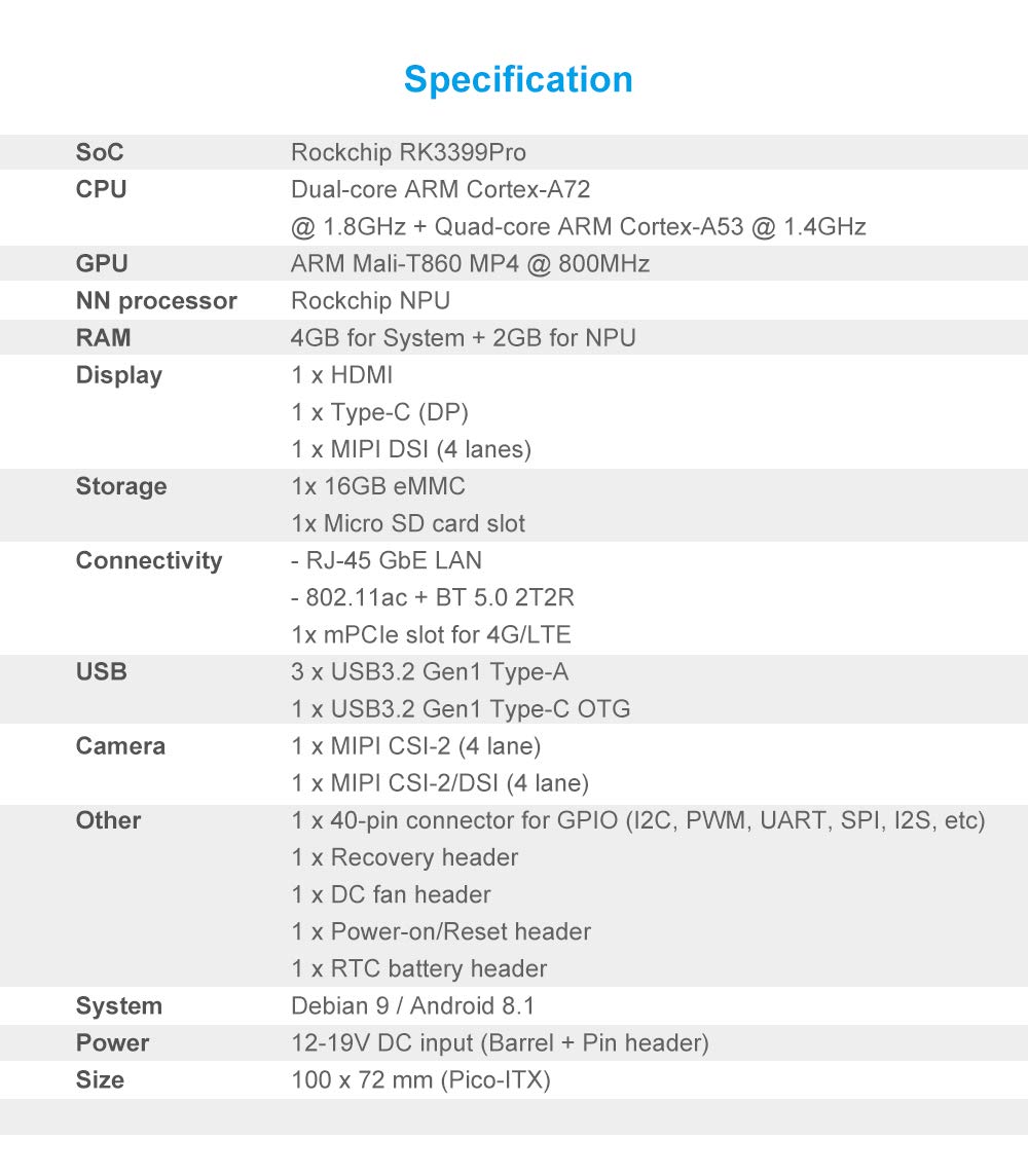 Tinker Edge R SBC Rockchip RK3399Pro Mini Motherboard with 4G RAM 2GB Rockchip NPU 16GB eMMC 3TOPS (Pro Version 6GB+16GB)