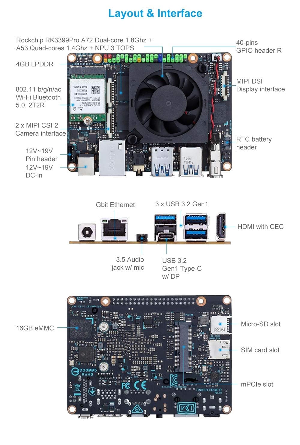 Tinker Edge R SBC Rockchip RK3399Pro Mini Motherboard with 4G RAM 2GB Rockchip NPU 16GB eMMC 3TOPS (Pro Version 6GB+16GB)