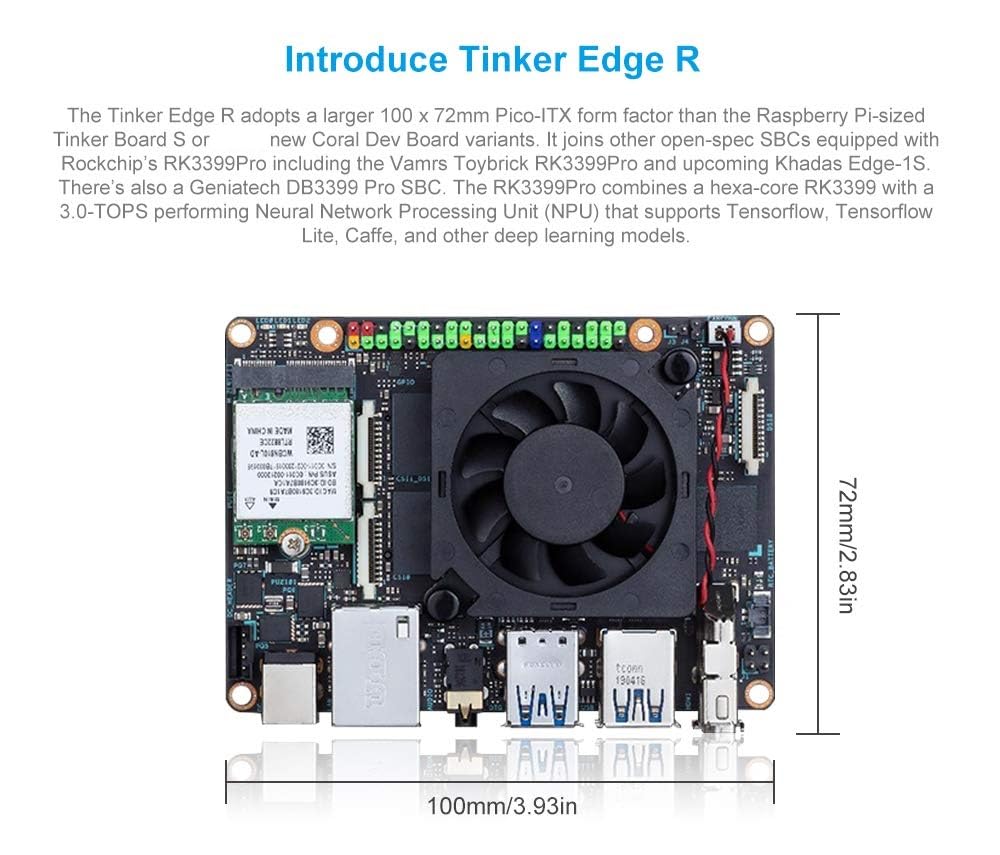 Tinker Edge R SBC Rockchip RK3399Pro Mini Motherboard with 4G RAM 2GB Rockchip NPU 16GB eMMC 3TOPS (Pro Version 6GB+16GB)