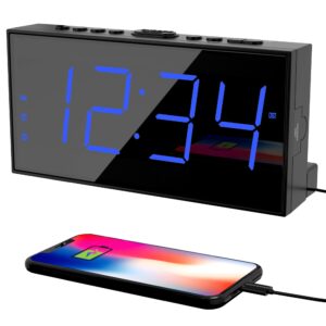 digital dual alarm clock for bedroom, large display bedside with battery backup, usb phone charger, volume, dimmer, easy to set loud led heavy sleepers kid senior teen boy girl kitchen