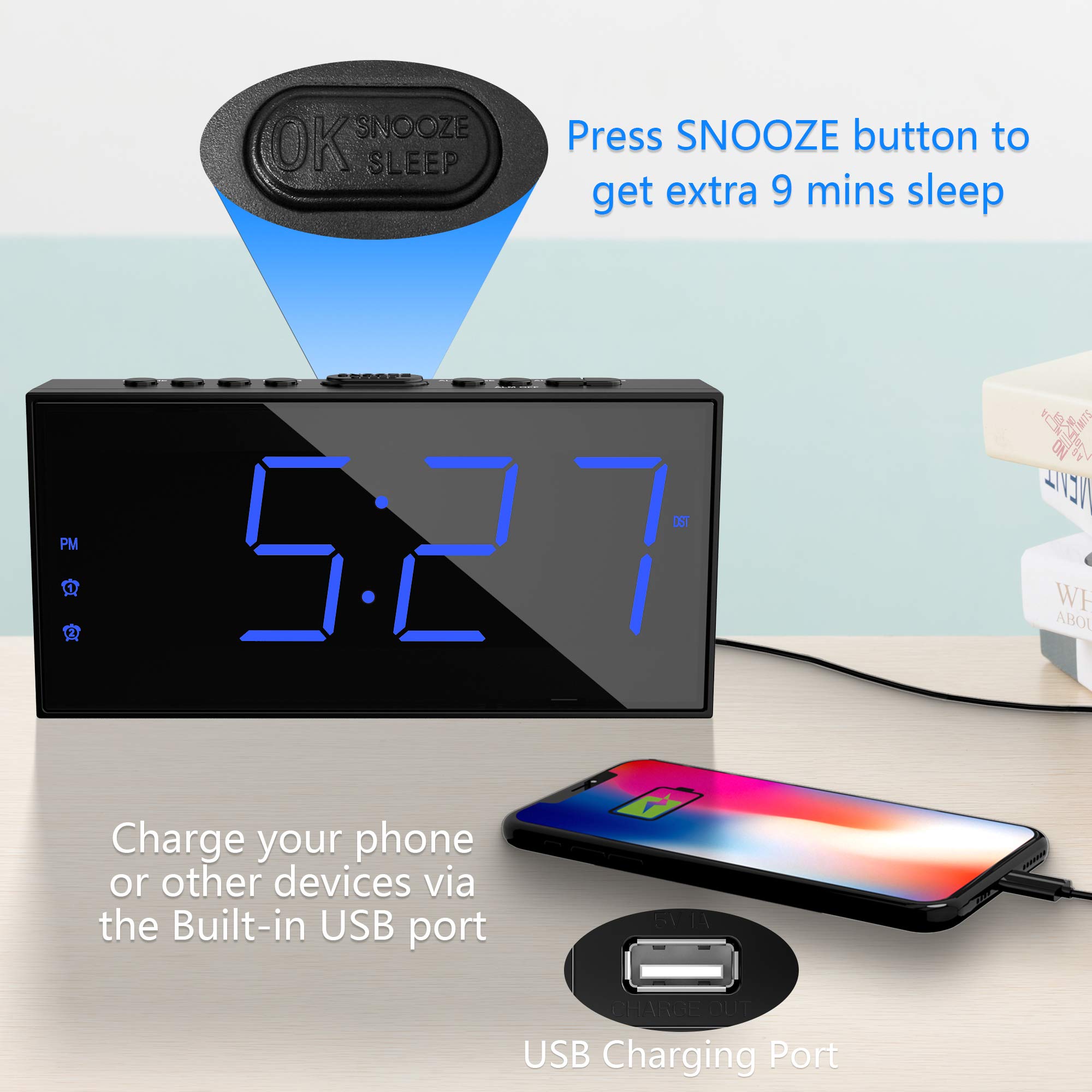 Digital Dual Alarm Clock for Bedroom, Large Display Bedside with Battery Backup, USB Phone Charger, Volume, Dimmer, Easy to Set Loud LED Heavy Sleepers Kid Senior Teen Boy Girl Kitchen