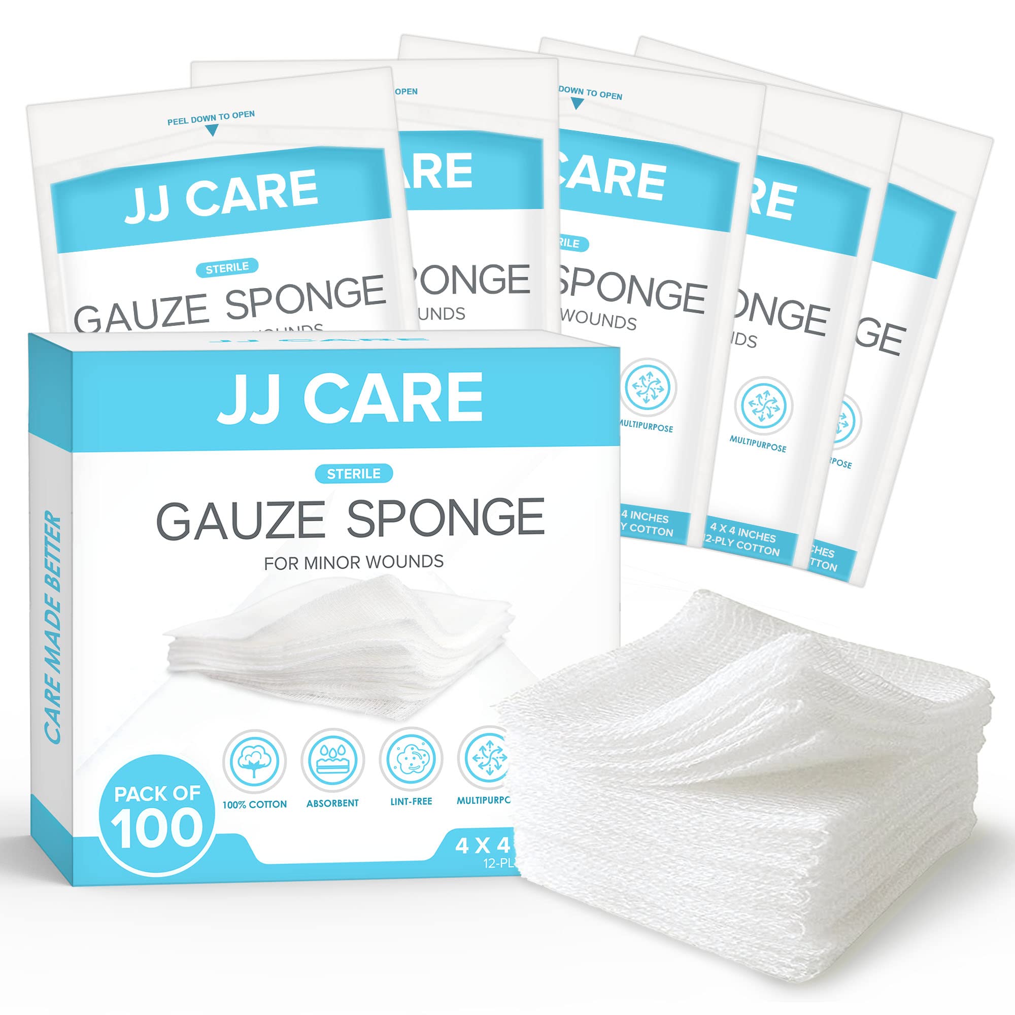 JJ CARE Sterile Gauze Pads 4" x 4" (Pack of 100), 12-Ply Cotton Gauze Pads, Individually-Wrapped Sterile Gauze Sponges, 100% Woven, Non-Stick Medical Gauze Pads for First Aid Kit & Wound Care