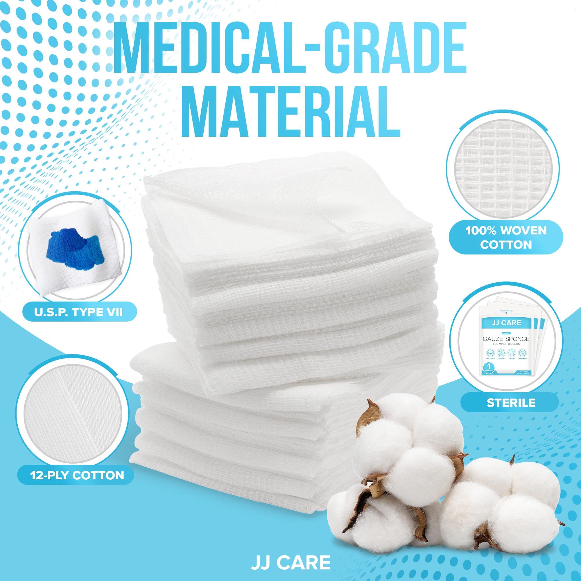 JJ CARE Sterile Gauze Pads 4" x 4" (Pack of 100), 12-Ply Cotton Gauze Pads, Individually-Wrapped Sterile Gauze Sponges, 100% Woven, Non-Stick Medical Gauze Pads for First Aid Kit & Wound Care