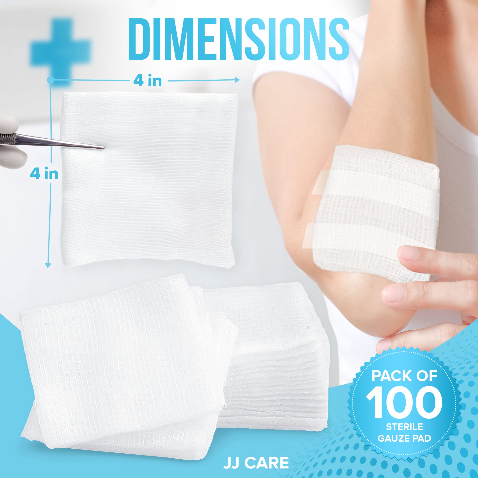 JJ CARE Sterile Gauze Pads 4" x 4" (Pack of 100), 12-Ply Cotton Gauze Pads, Individually-Wrapped Sterile Gauze Sponges, 100% Woven, Non-Stick Medical Gauze Pads for First Aid Kit & Wound Care