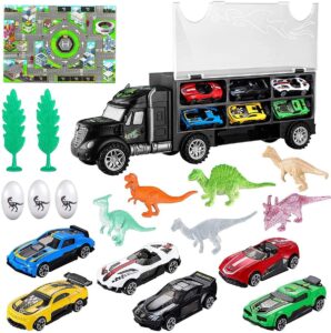 dinosaur toys tools set, 19 dinosaurs car carrier truck toy, including 1 truck, 6 mini cars, 6 dinosaurs, 3 dinosaur eggs, dinosaur truck toys