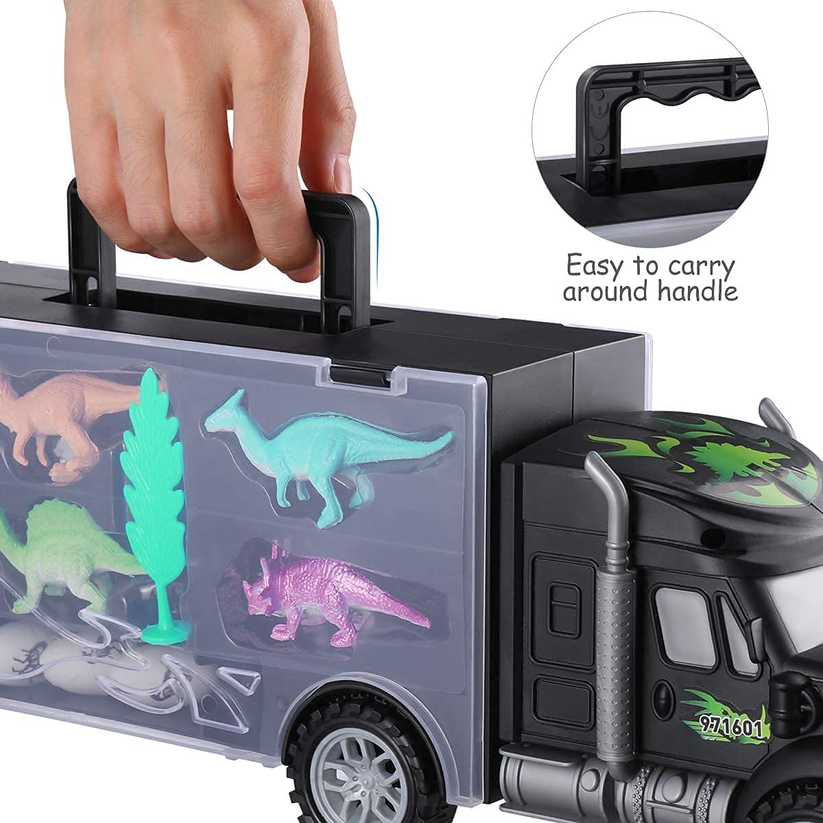 Dinosaur Toys Tools Set, 19 Dinosaurs Car Carrier Truck Toy, Including 1 Truck, 6 Mini Cars, 6 Dinosaurs, 3 Dinosaur Eggs, Dinosaur Truck Toys