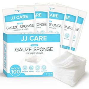 jj care sterile gauze pads 2" x 2" (pack of 100), 12-ply cotton gauze pads, individually-wrapped sterile gauze sponges, 100% woven, non-stick medical gauze pads for first aid kit & wound care