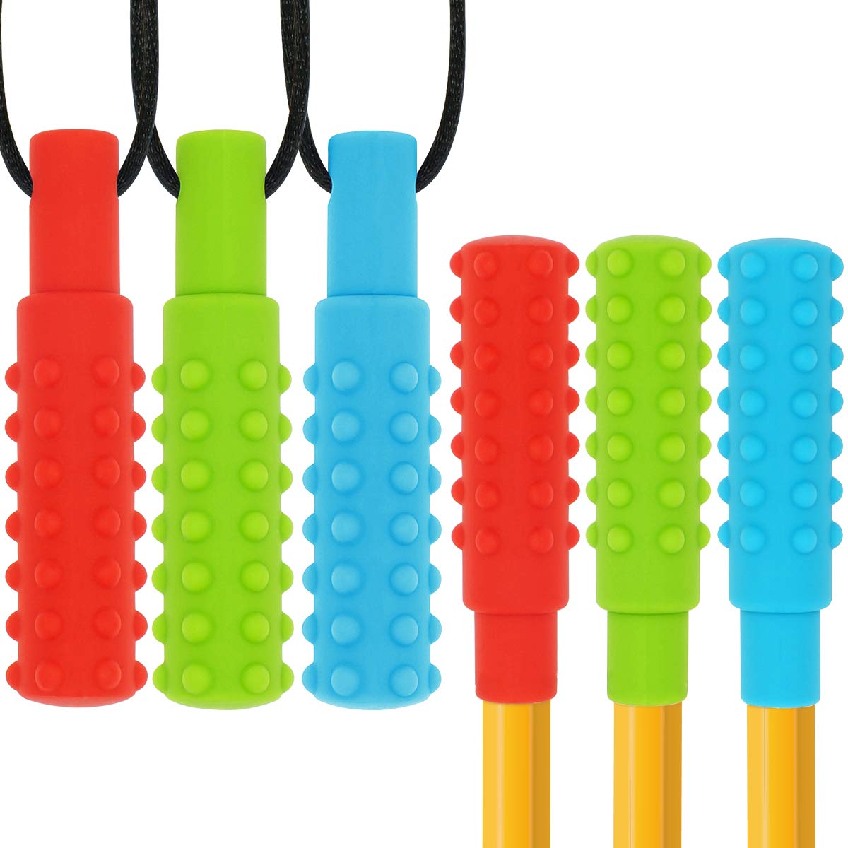 Sensory Chew Necklaces Pencil Toppers Set(6 Pack), Silicone Chew Stick Autism Chew Toys for Kids, Boys and Girls, Oral Sensory Motor Aids(Blue, Green, Red)