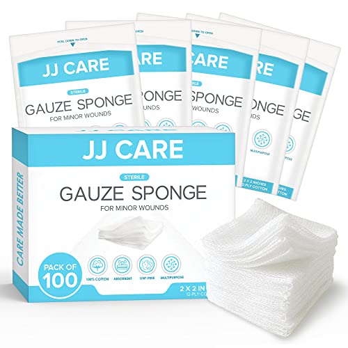 JJ CARE Sterile Gauze Pads 3" x 3" (Pack of 100), 12-Ply Cotton Gauze Pads, Individually-Wrapped Sterile Gauze Sponges, 100% Woven, Non-Stick Medical Gauze Pads for First Aid Kit & Wound Care