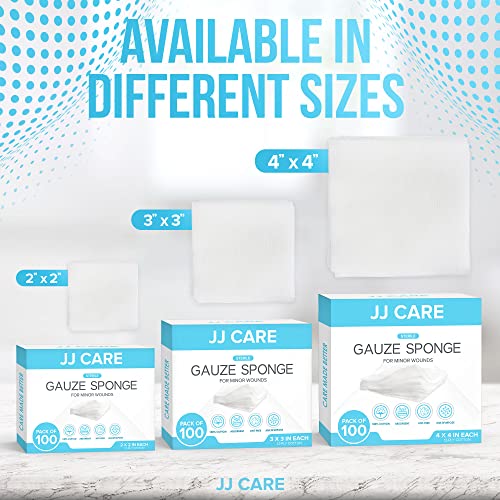 JJ CARE Sterile Gauze Pads 3" x 3" (Pack of 100), 12-Ply Cotton Gauze Pads, Individually-Wrapped Sterile Gauze Sponges, 100% Woven, Non-Stick Medical Gauze Pads for First Aid Kit & Wound Care