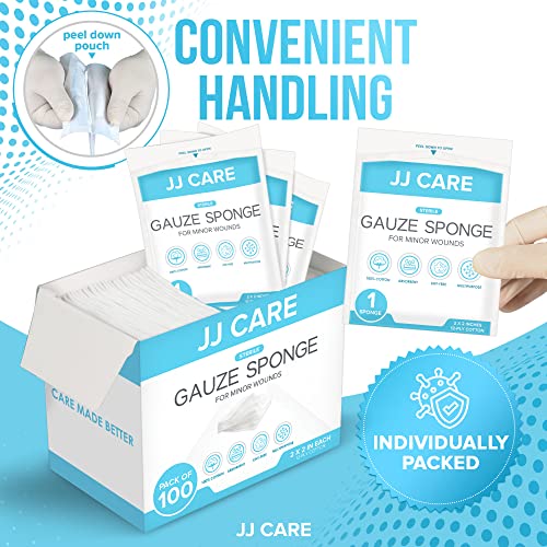 JJ CARE Sterile Gauze Pads 3" x 3" (Pack of 100), 12-Ply Cotton Gauze Pads, Individually-Wrapped Sterile Gauze Sponges, 100% Woven, Non-Stick Medical Gauze Pads for First Aid Kit & Wound Care